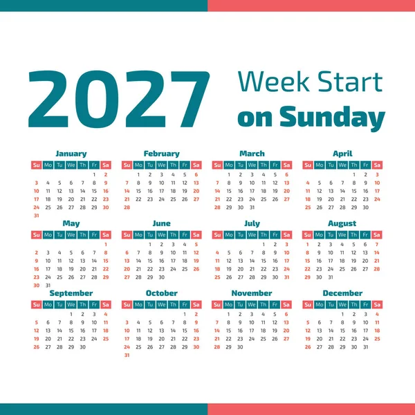 Basit 2027 yılı takvimi
