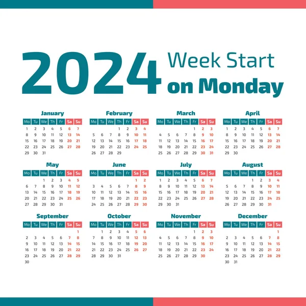 Calendario simple de 2024 años — Vector de stock