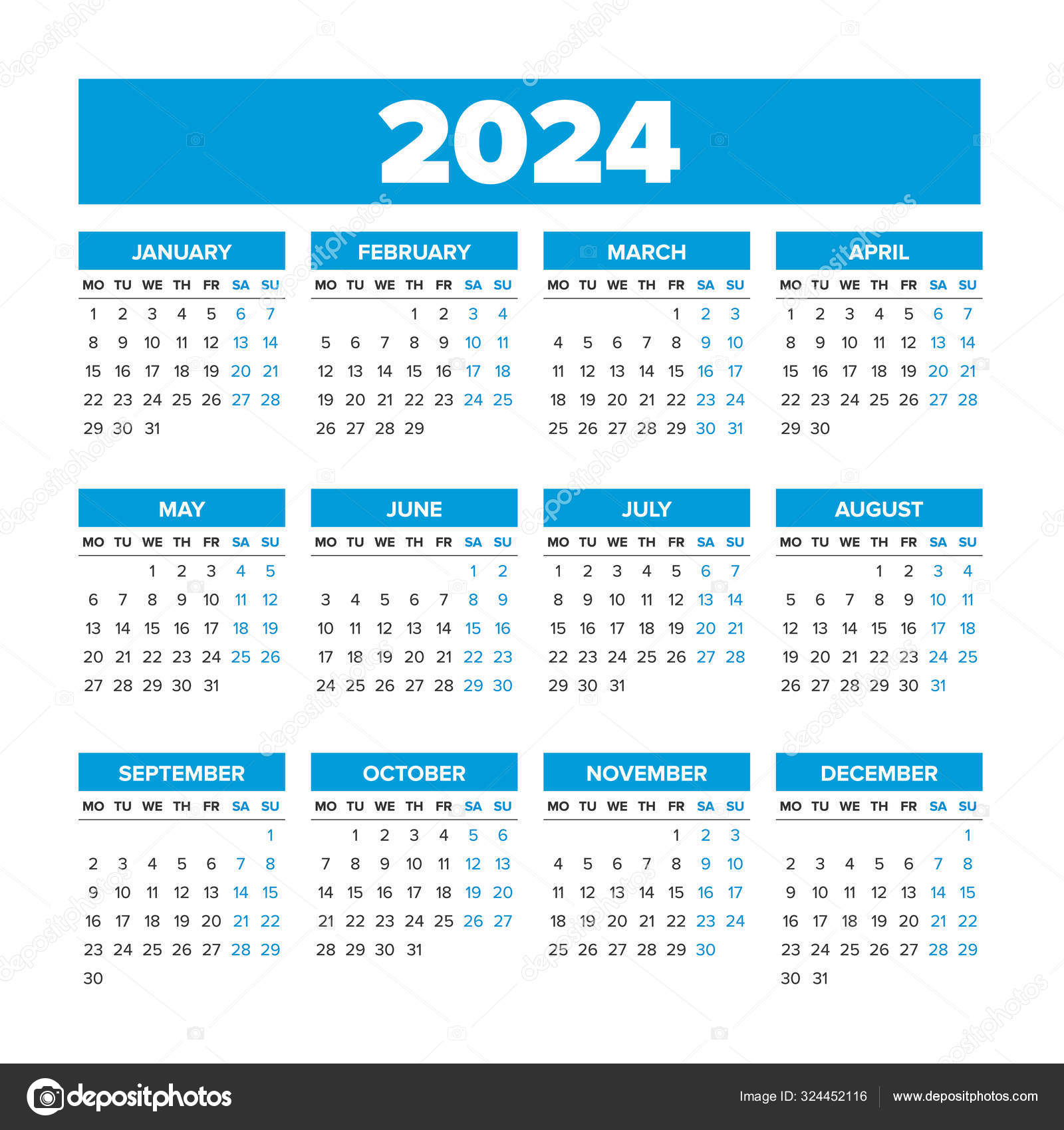 Illustration vectorielle du calendrier 2024. calendrier mensuel classique  simple pour 2024 avec clipart de calendrier de