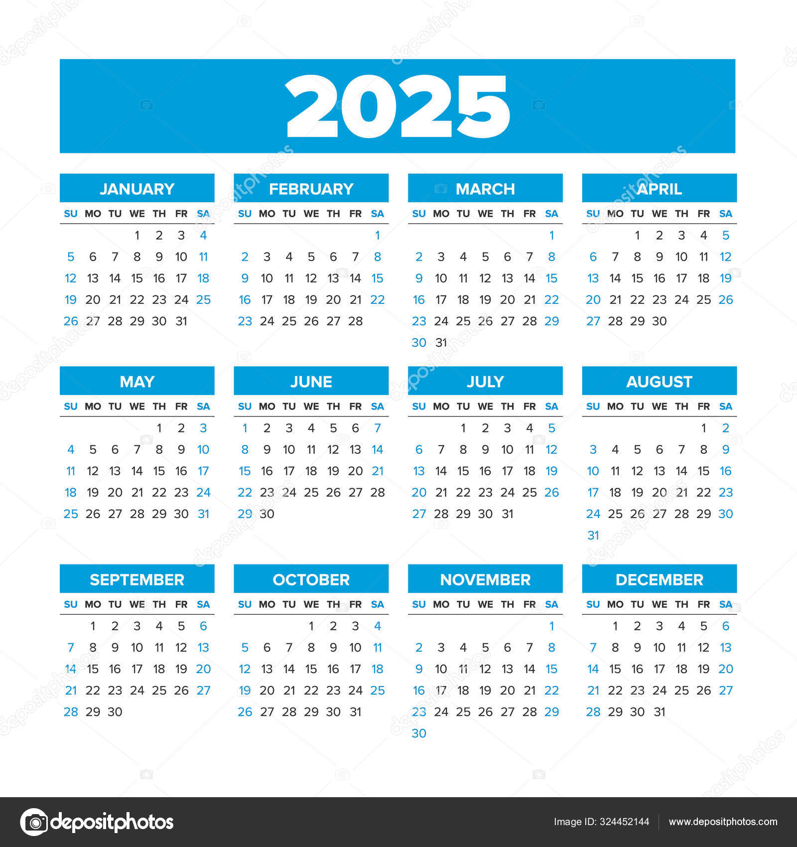 Простой Векторный Календарь 2025. Недели Начинаются В Воскресенье.