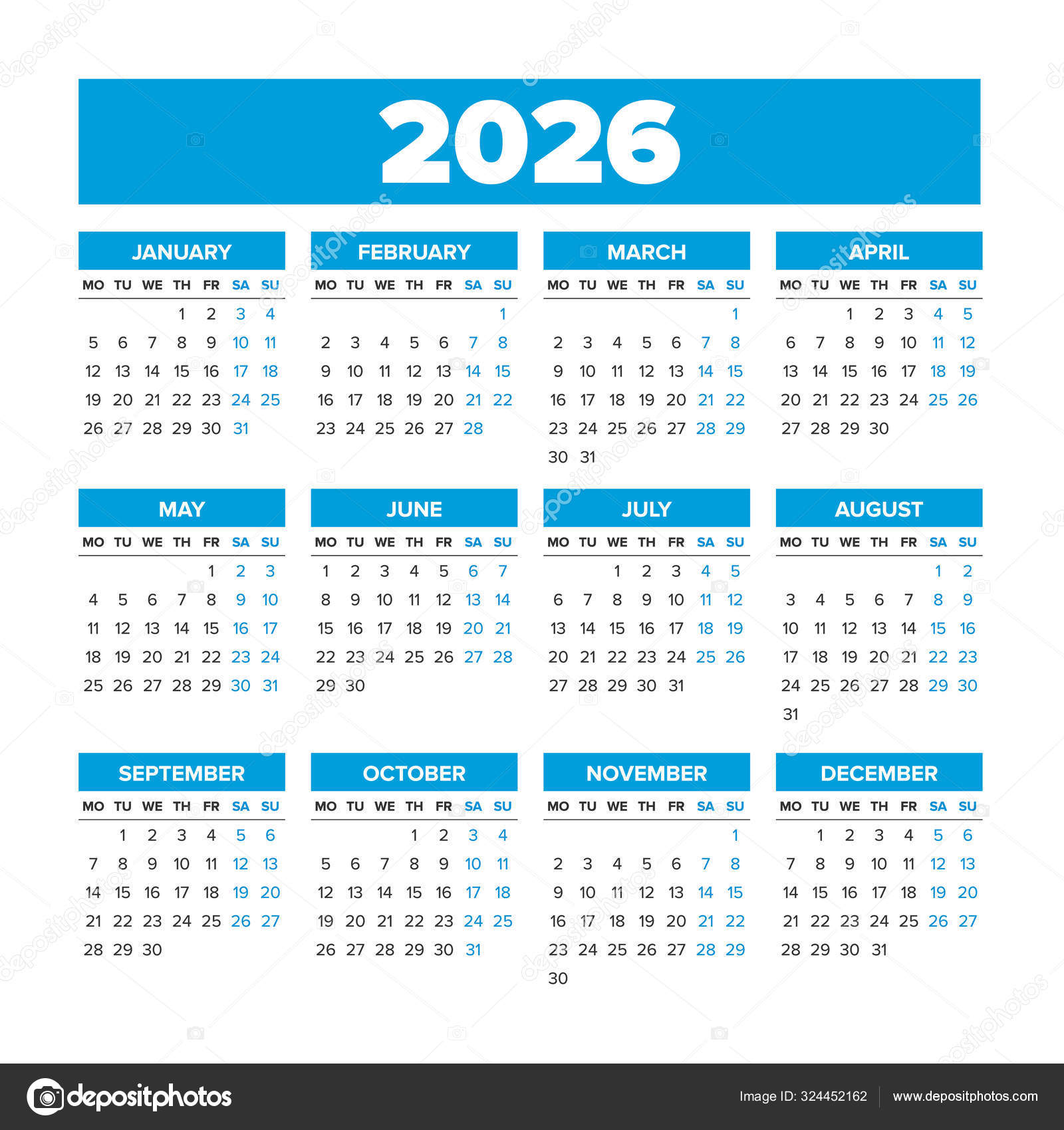 Calendario simple de vectores 2026. Las semanas comienzan el lunes