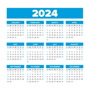 Basit Vektör Takvimi 2024. Haftalar Pazar günü başlar