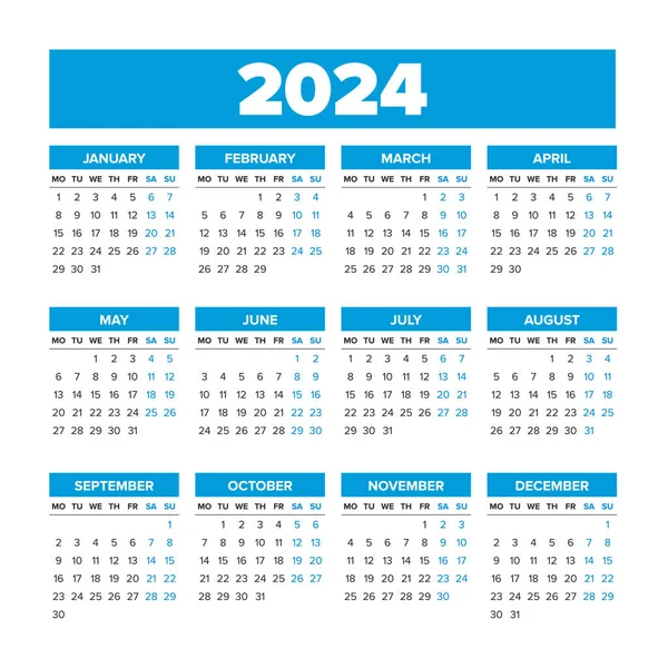 Calendario simple de vectores 2024. Las semanas comienzan el lunes — Vector de stock