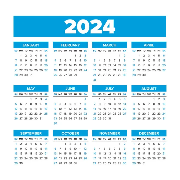 calendrier 2024 modèle ensemble vecteur, la semaine commence dimanche,  ensemble de 12 mois, calendrier de bureau