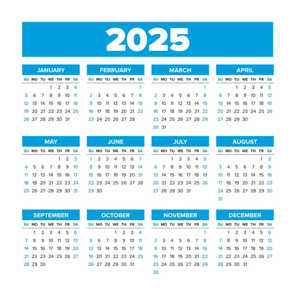 Calendario simple de vectores 2025. Las semanas comienzan el domingo — Vector de stock