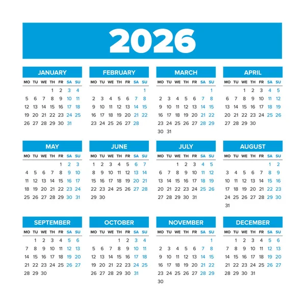 Simple Vector Calendar 2026. Weeks start on Monday — Stock Vector