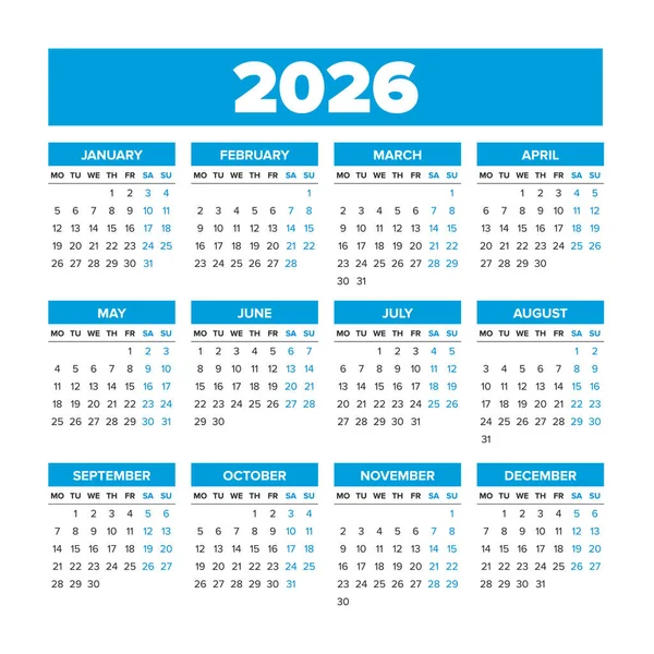 Calendrier vectoriel simple 2026. Les semaines commencent le lundi — Image vectorielle