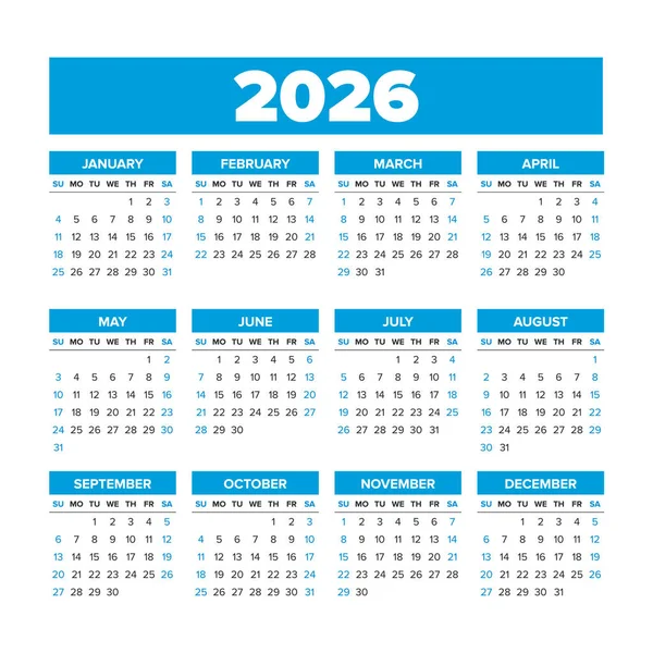 Απλό ημερολόγιο διάνυσμα 2026. Οι εβδομάδες ξεκινούν την Κυριακή. — Διανυσματικό Αρχείο