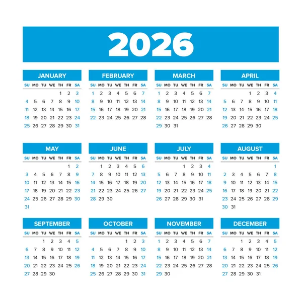 Basit Vektör Takvimi 2026. Haftalar Pazar günü başlar