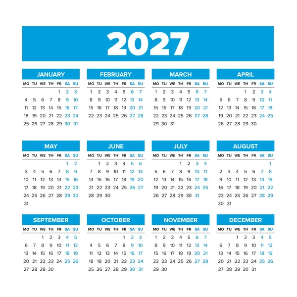 Simple Vector Calendar 2027. Weeks start on Monday — Stock Vector