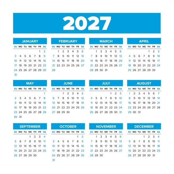 Basit Vektör Takvimi 2027. Haftalar Pazar günü başlar