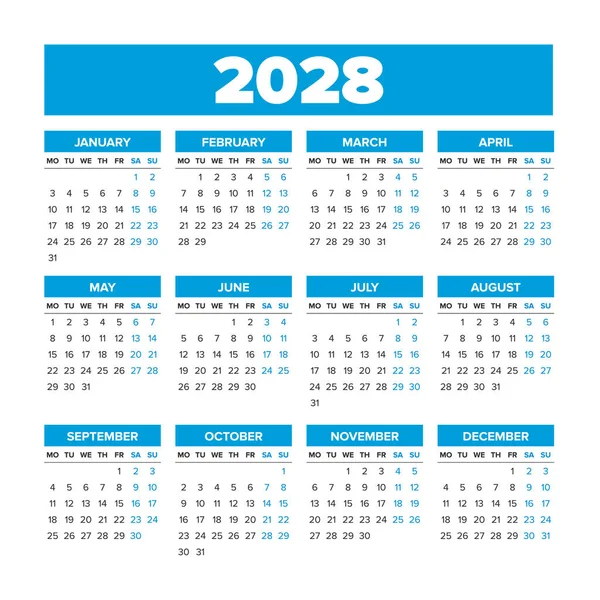 Simple Vector Calendar 2028. Weeks start on Monday — Stock Vector