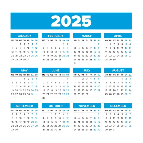 Simple Vector Calendar 2025. Weeks start on Monday — Stock Vector