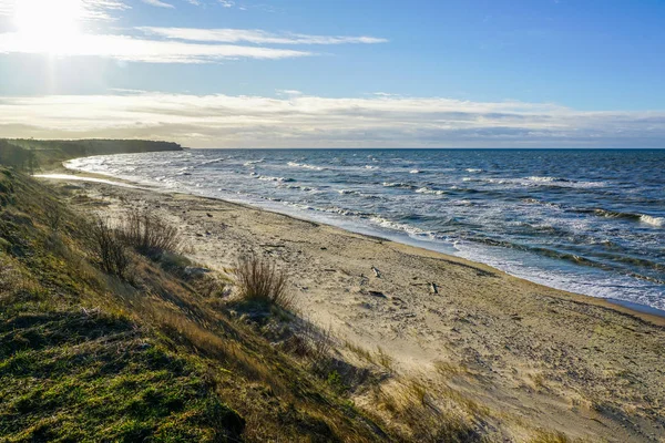 Costa Del Mar Baltico Spiaggia Sabbiosa Onde Con Cime Schiuma — Foto Stock