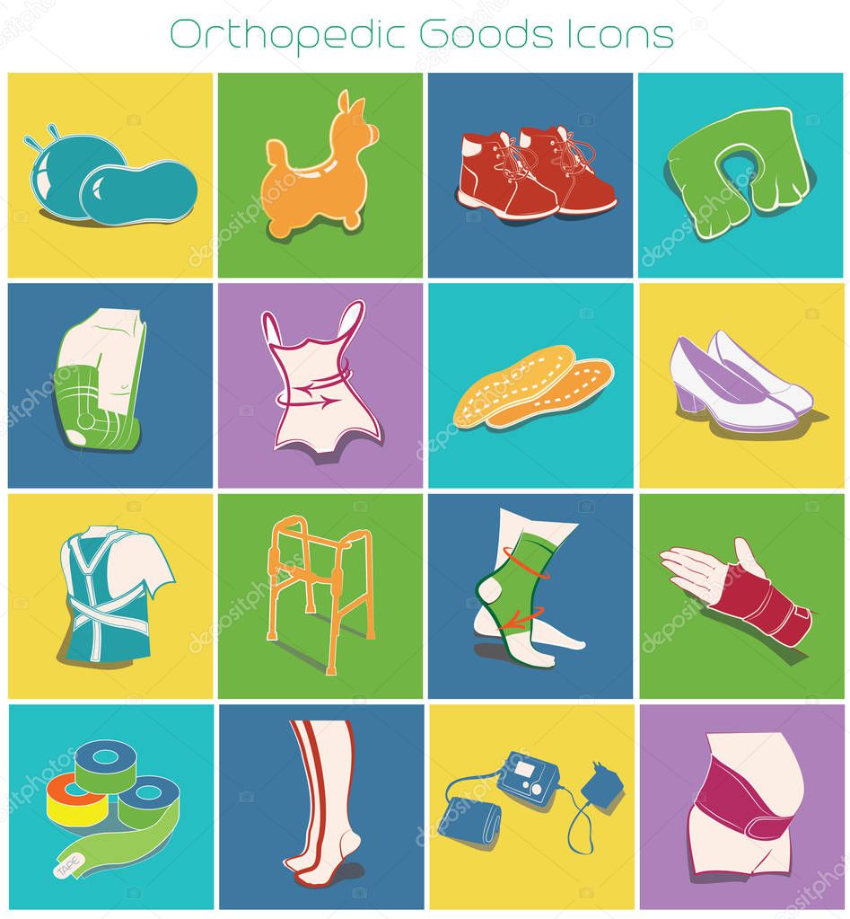 Vector icons in the style of a flat lay with orthopedic goods. For stores advertising and app stores orthopedic goods, pharmacies and medical institutions.