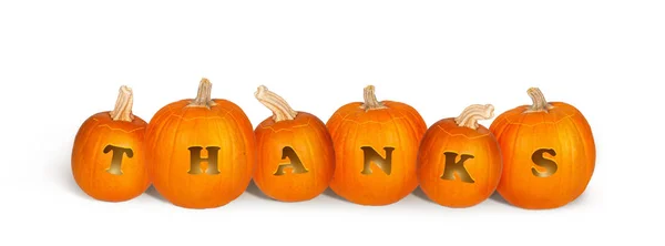 Row of Six Carved Pupkins Saying Thanks — Stock Photo, Image