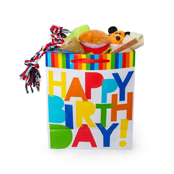 Kleurrijke Happy Birthday Gift Bag Gevuld Met Speelgoed Behandelt Voor — Stockfoto