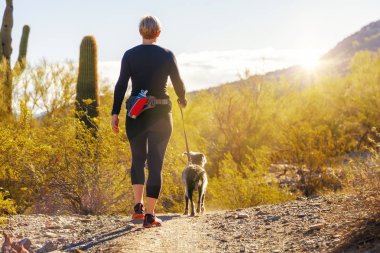 Phoenix, Arizona Mountain View parkta yürüyüş yolu üzerinde bir köpek yürüyen tanımlanamayan kadın