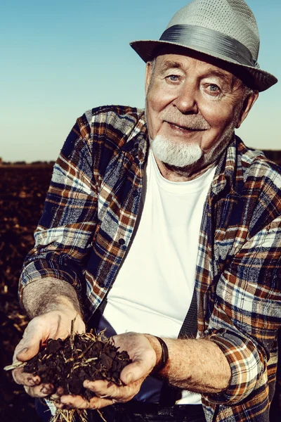 elderly farmer holds a handful of fertile black soil in his hands