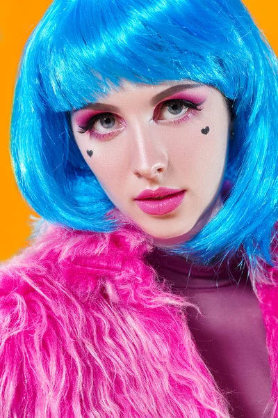 blue wig and pink fur