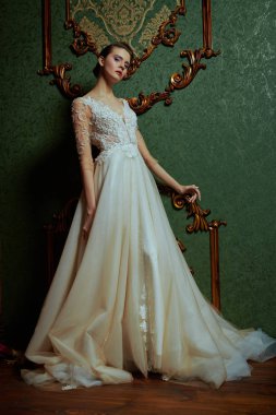 Zarif, beyaz, uzun elbiseli muhteşem bir genç kadının tam boy portresi. Lüks karanlık daireler. Düğün modası.