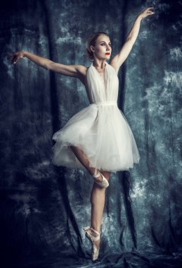 Grunge arka plan üzerinde stüdyoda poz zarif bir rafine kadın bale dansçısı tam uzunlukta portre. Yetenek, bale dansçıları için moda. 