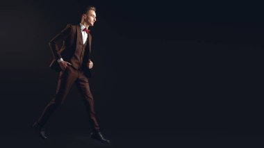 Zarif klasik takım elbiseli ve siyah arka planda papyon takan yakışıklı bir adamın tam boy portresi. İş stili. Erkek modası.