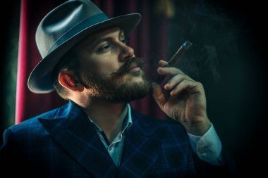 Klasik iç mekanda poz veren purolu düşünceli bir adamın yakın çekim portresi. Erkek güzelliği, moda, stil.