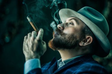 Klasik iç mekanda poz veren purolu düşünceli bir adamın portresi. Erkek güzelliği, moda, stil.