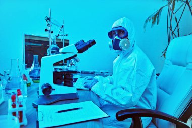 COVID-19 and medicine. A doctor, microbiologist, scientist in a protective suit, makes a study of coronavirus in the laboratory using microscope. clipart
