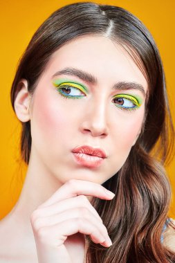 Makyaj ve makyaj malzemeleri. Sarı arka planda parlak renkli makyajlı, gülümseyen güzel bir kızın yakın plan portresi..