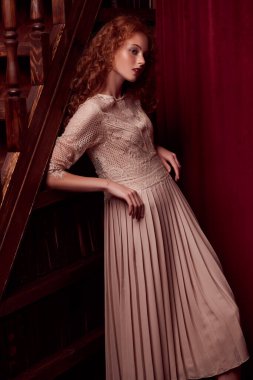 Kaliteli bir iç mekanda, açık dantelli bir elbise içinde güzel romantik bir kız. Peri masalları. Kaledeki genç prenses..