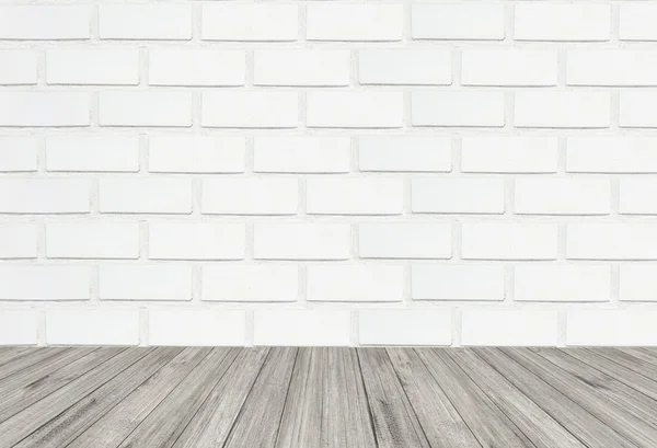 Vitt tegel vägg textur bakgrund med trägolv — Stockfoto