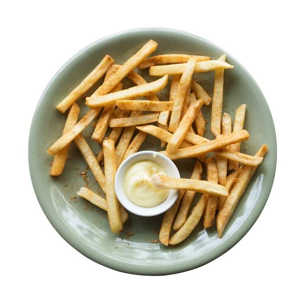 Patatine fritte isolate su fondo bianco. Patate tagliate a strisce e fritte. Concentrazione selettiva. Vista dall'alto . — Foto Stock