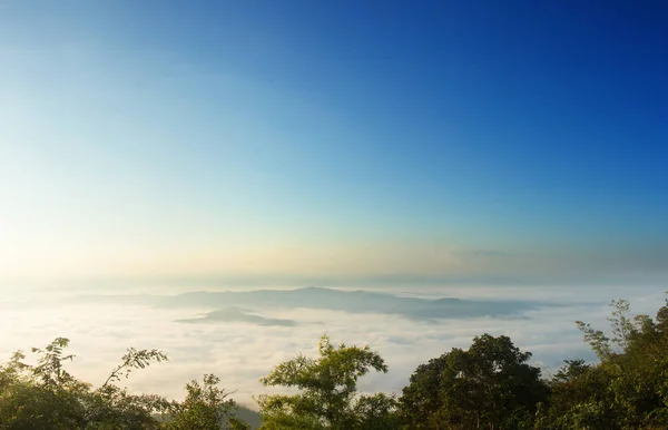 以上的山峰在阳光明媚的早晨有雾 — 图库照片