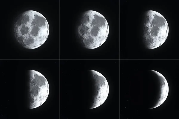 Gran superficie de luna llena brillante detallada de cerca con diferentes fases de la luna de cera a la media luna menguante y gibbous a la luna nueva y el primer y último trimestre — Foto de Stock