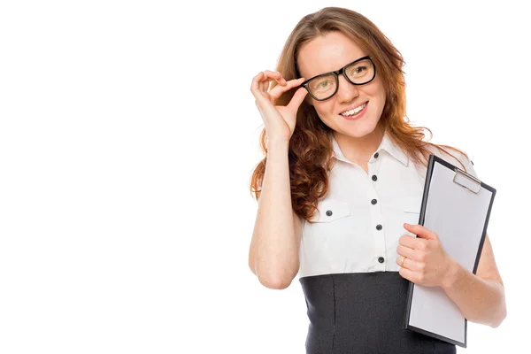 Mujer exitosa corrige las gafas sobre un fondo blanco — Foto de Stock