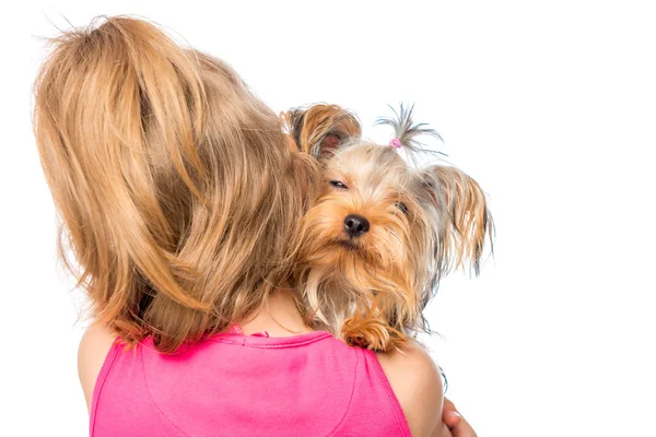 Omzuna küçük kız ve evde beslenen hayvan köpek — Stok fotoğraf