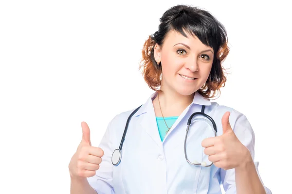 Successful therapist shows gesture thumbs up on a white backgrou — Stock Photo, Image