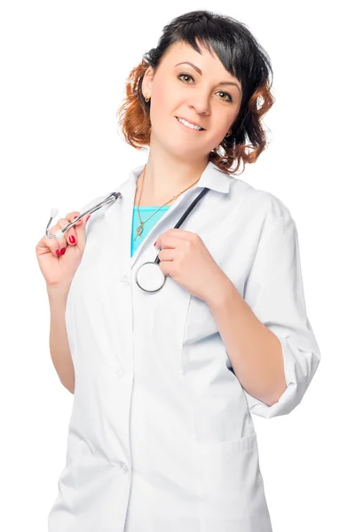 Succesvolle jonge dokter op een witte achtergrond, geïsoleerd — Stockfoto