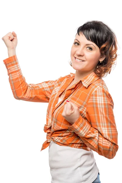 Successful young woman showing a gesture with hands on a white b — Stock Photo, Image