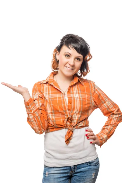 Beautiful slim girl holding something in his hand on a white bac — Stock Photo, Image