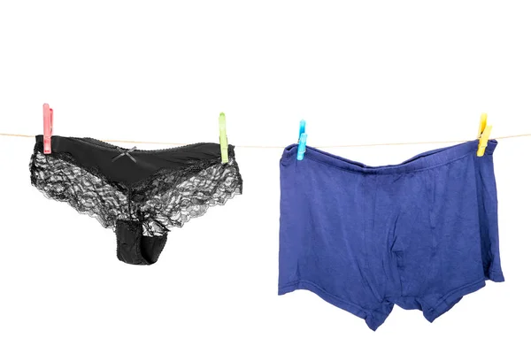 Male and female underwear on the clothesline dried — Stock Photo, Image
