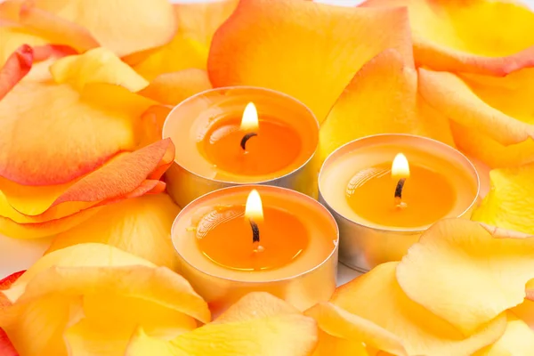 Pozadí - hořící svíčky a okvětních lístků růže k svátku — Stock fotografie
