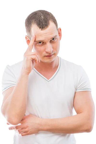 Omtänksamma mannen i en vit T-shirt som isolerade — Stockfoto