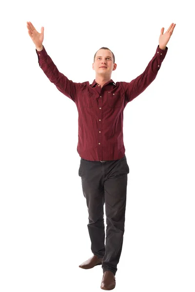 Mutlu adam elleriyle izole yukarı kaldırdı — Stok fotoğraf