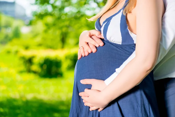 Nahaufnahme des Bauches einer schwangeren Frau, die im Park erschossen wurde — Stockfoto