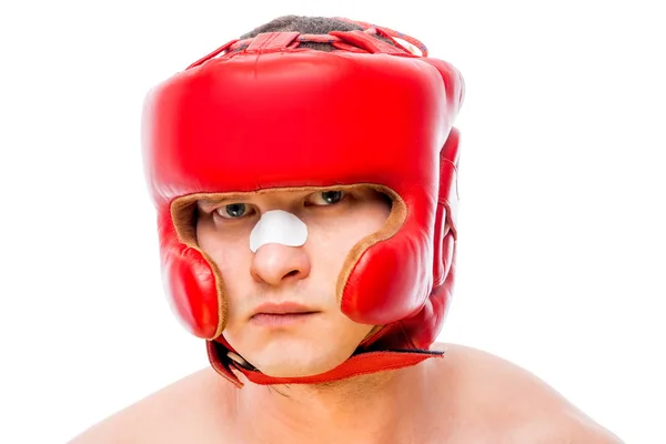 Retrato horizontal de um jovem pugilista sobre um fundo branco — Fotografia de Stock