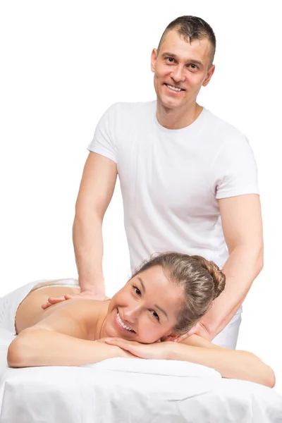 Happy masáž terapeut a pacient na masážní stůl — Stock fotografie