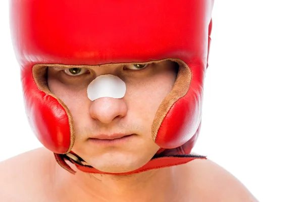 Boxergesicht in rotem Helm isoliert — Stockfoto